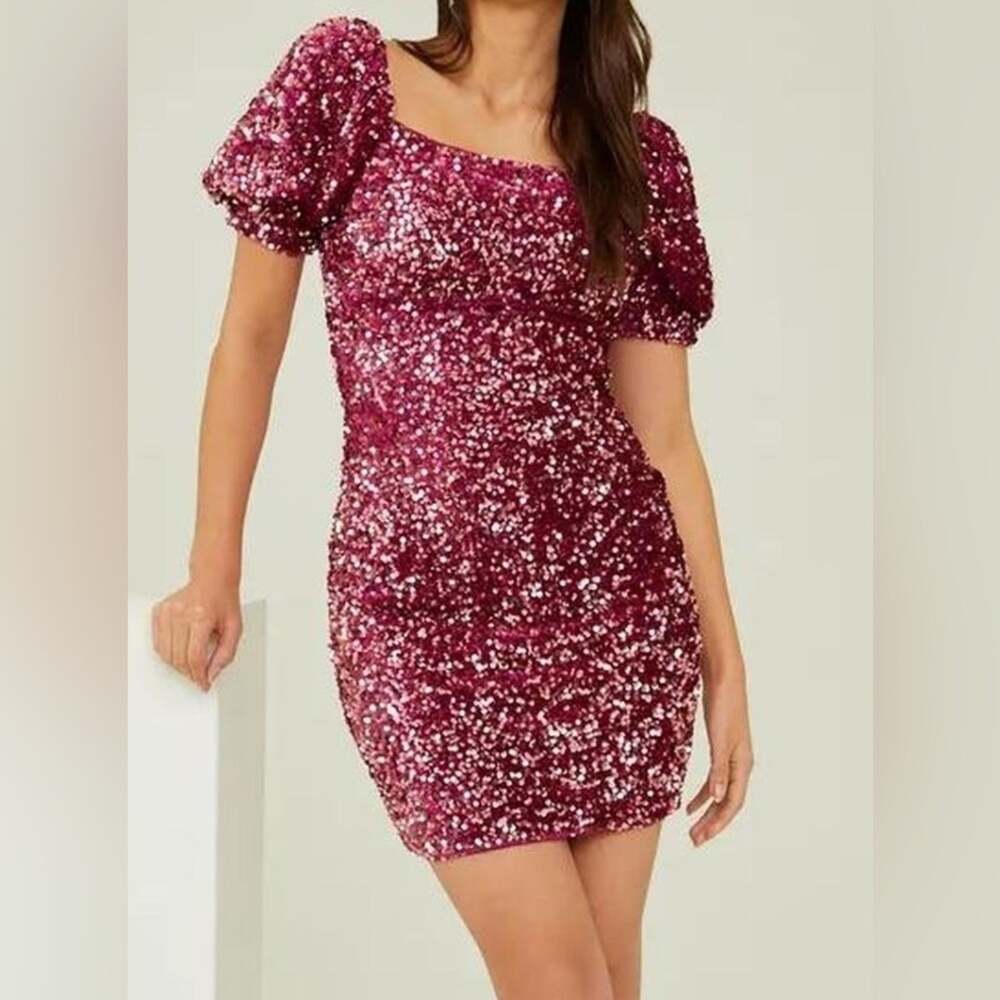 Altar’d state disco dress pink sequins puff sleeve mini party dress size small